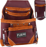 FUERI Professional 10 Pocket Leather Carpenter Tool Belt Pouch Framers Bag | Heavy Duty Premium Grain Leather Riveted Reinforcement Electrician Bag | FUERI