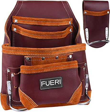 FUERI Professional 10 Pocket Leather Carpenter Tool Belt Pouch Framers Bag | Heavy Duty Premium Grain Leather Riveted Reinforcement Electrician Bag | FUERI