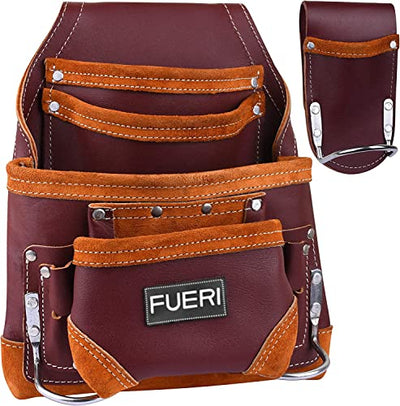 FUERI Professional 10 Pocket Leather Carpenter Tool Belt Pouch Framers Bag | Heavy Duty Premium Grain Leather Riveted Reinforcement Electrician Bag |