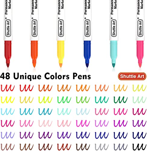 Shuttle Art Permanent Markers, 48 Colors Fine Point, Assorted Colors with Travel Case, Ideal for Adults Coloring Doodling on Plastic, Glass, Wood and
