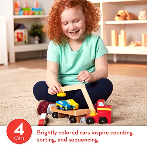Melissa & Doug Magnetic Car Loader Wooden Toy Set With 4 Cars and 1 Semi-Trailer Truck - Crane Wooden Toy, Vehicle Toys For Kids Ages 3+ Melissa & Doug