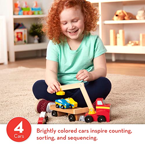 Melissa & Doug Magnetic Car Loader Wooden Toy Set With 4 Cars and 1 Semi-Trailer Truck - Crane Wooden Toy, Vehicle Toys For Kids Ages 3+ - WoodArtSupply