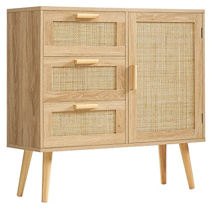 Iwell Storage Cabinet with Rattan Door & 3 Drawers, Rattan Cabinet with Adjustable Shelf, Bathroom Storage Cabinet, Accent Cabinet for Living Room,