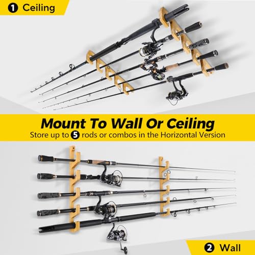 PLUSINNO WH5 Horizontal Fishing Rod/Pole Holders for Garage, Wall or Ceiling Mounted Fishing Rod Rack, Solid Wood Fishing Pole Holder Holds up to 5 PLUSINNO