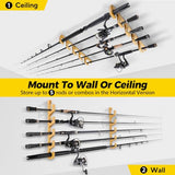 PLUSINNO WH5 Horizontal Fishing Rod/Pole Holders for Garage, Wall or Ceiling Mounted Fishing Rod Rack, Solid Wood Fishing Pole Holder Holds up to 5 PLUSINNO