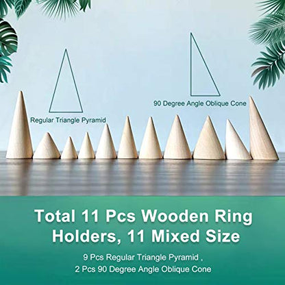 FINGERINSPIRE 10 Pcs Natural Wood Cone Ring Holders Wooden Ring Display Stands with 10 Different Size Unpainted Wooden Cones Jewelry Display DIY