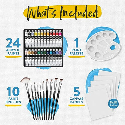 Chalkola Acrylic Paint Set for Adults, Kids & Artists - 40 Piece Acrylic Painting Supplies Kit, with 24 Acrylic Paints (22ml), 10 Painting Brushes, 5