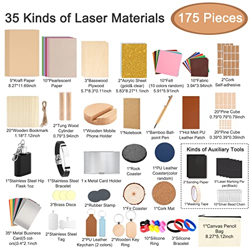 Csyidio 175 PCS Engraving Material Box, DIY Materials Apply to All Laser Engravers with Instructions, Laser Engraving Supplies Including Acrylic, Csyidio