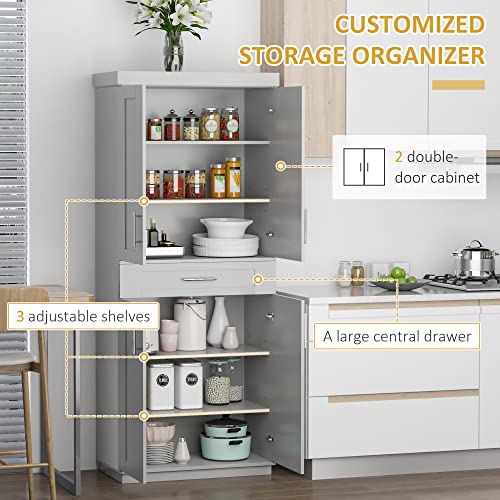 HOMCOM Modern Kitchen Pantry Freestanding Cabinet Cupboard with Doors and Drawer, Adjustable Shelving, Grey - WoodArtSupply