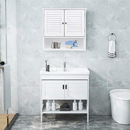Tangkula Bathroom Wall Cabinet, Wooden Hanging Medicine Cabinet with Double Shutter Doors and Adjustable Shelf, Wall Mounted Bathroom Cabinet with