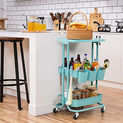 Asunflower 3 Tier Rolling Cart with Table Top, Utility Cart with Wheels, Multi-functional Storage Cart for Teal - WoodArtSupply