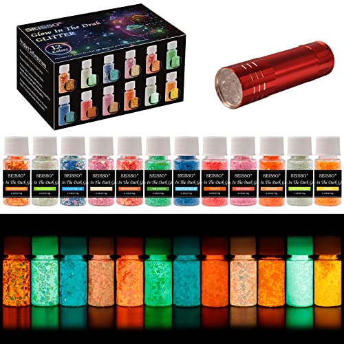 Glow in The Dark Glitter, SEISSO 12 Bottles Luminous Glitter with UV Flashlight Set, 10g/Bottle Chunky Glitter Powder for Resin Arts Crafts, Body - WoodArtSupply