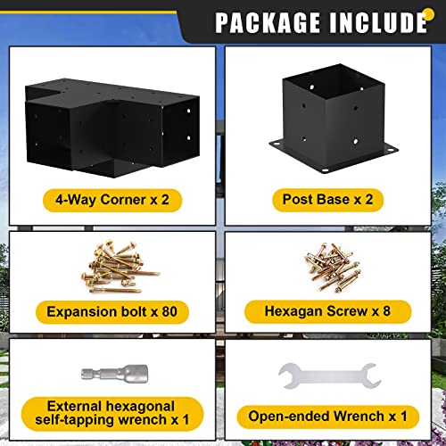Kinchoix 6x6 Woodworks Pergola Brackets Kit, 4-Way Corner Extension Brackets, Black Powder Coated, 6x6 Metal Brackets for Wood Beams, Fence, Shed and Kinchoix