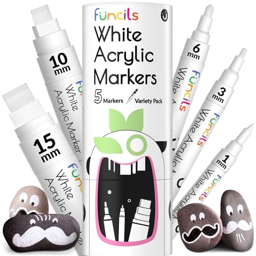 Funcils 5 Acrylic White Paint Pens - Fine & Jumbo Size Ink Pens (1mm, 3mm, 6mm, 10mm, 15mm) - Permanent White Marker Ink for Rock Painting, Fabric, Funcils
