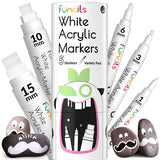 Funcils 5 Acrylic White Paint Pens - Fine & Jumbo Size Ink Pens (1mm, 3mm, 6mm, 10mm, 15mm) - Permanent White Marker Ink for Rock Painting, Fabric, Funcils