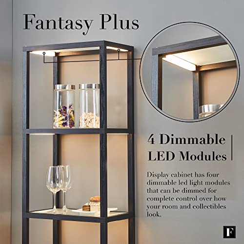 FENLO Fantasy Plus 66" Luxury Glass Display Shelf with Dimmable LED Floor Lamps, Sturdy Curio Cabinet with Bookcase Display Shelves for Bedroom, Open FENLO