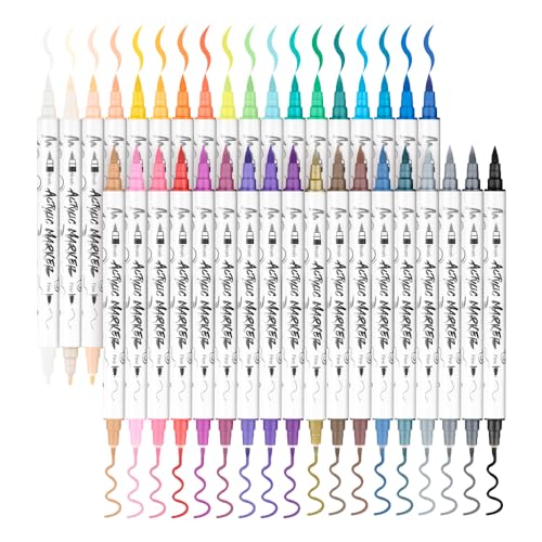 TRANSON 36 Colors Acrylic Paint Marker Pen Set Fine and Brush Dual-tip for Canvas Rock Wood Leather Ceramic DIY Painting TRANSON