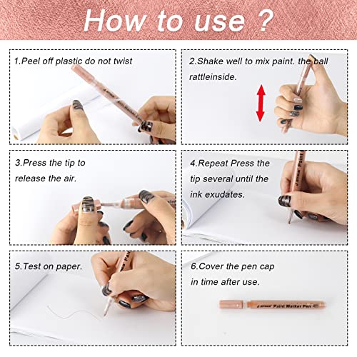 JEFFNIUB 6 Gold,Silver,Rose Gold Paint Pens and 6 Rose Gold Acrylic Paint Markers 0.7 Fine Tip, Bundle for Fabric,Wood, Paper, Photo Album, Ceramic, JEFFNIUB