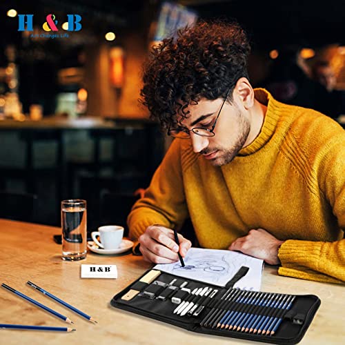 H & B Drawing Pencils Set, 33 Pieces Sketch Pencils & Drawing Kit, Includes Sketch Pad, Graphite Pencils, Charcoal Sticks and Eraser, Supplies for H & B