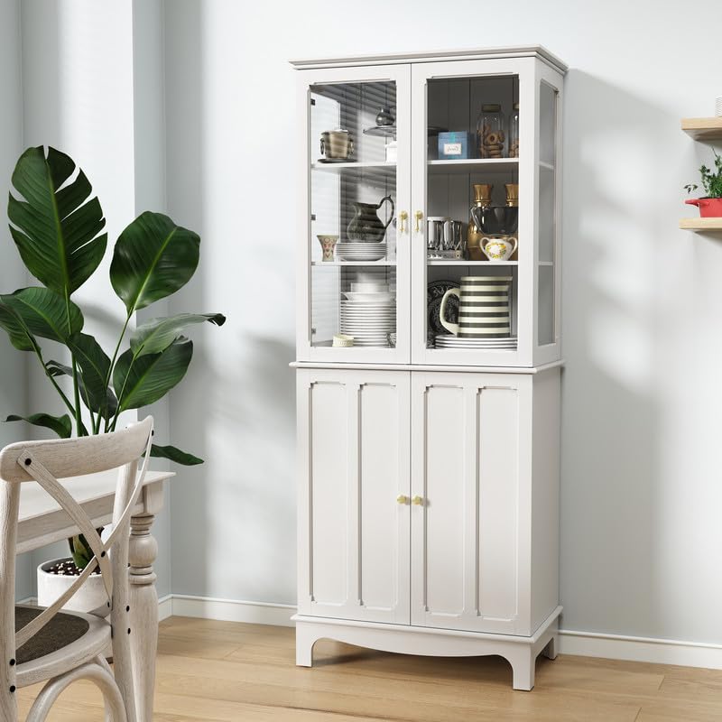 ARTPOWER 72" Freestanding Kitchen Pantry Storage Sideboard, Classical Tall Cabinet with Glass Door and Adjustable Shelves for Kitchen, Livingroom and