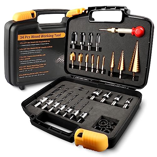 ZORUNNA 34 Pcs Woodworking Chamfer Drilling Tools Including 6 Countersink Drill Bit Set, 7 Countersink Drill Bit, 8 Plug Cutters for Woodworking, 3 ZORUNNA