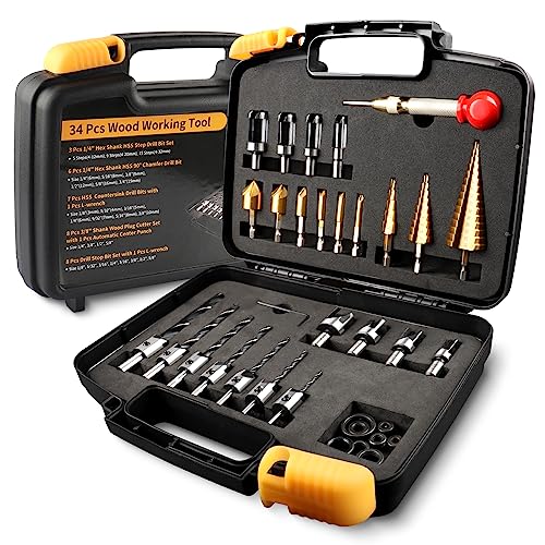 ZORUNNA 34 Pcs Woodworking Chamfer Drilling Tools Including 6 Countersink Drill Bit Set, 7 Countersink Drill Bit, 8 Plug Cutters for Woodworking, 3 - WoodArtSupply