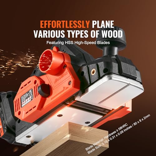 VEVOR Cordless Electric Hand Planer, 3-1/4" Width, 16000 RPM Handheld Wood Planer with Battery 5/64" Adjustable Depth HSS Blades Dual Side Dust VEVOR