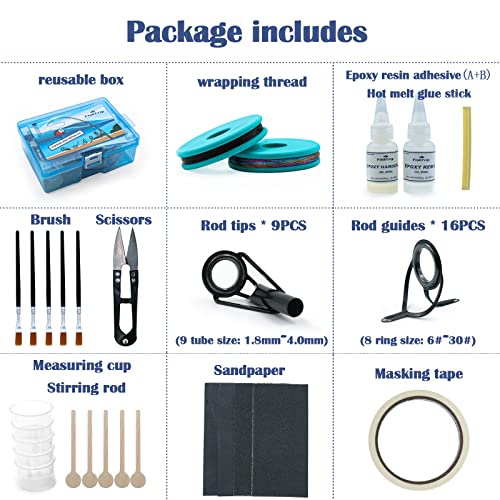 FishTrip Fishing Rod Guides Tips Repair Kit,8 Size Pole Guides and 9 Size Tips Replacement Kit with Epoxy Adhesive,Glue,Wrapping Thread and Tape for FishTrip