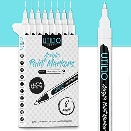 White Paint Marker (8-Pack) 0.7mm Extra Fine Tip Made in Japan | Bold Color+100% Coverage | For Rock, Wood, Glass, Paper, Fabric, Canvas, Metal and Utillo Craft
