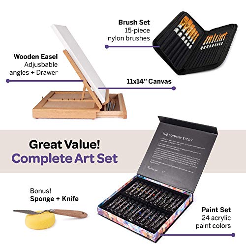 Acrylic Paint Set for Adults & Kids Includes Tabletop Easel Canvas and Brushes 24 Acrylic Paint Colors 15 Brushes 1 Easel 1 Canvas | Painting Kit for - WoodArtSupply