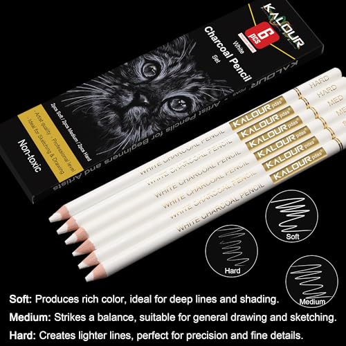 KALOUR White Charcoal Pencils Drawing Set, Professional 6 Pieces White Sketch Pencils for Drawing, Sketching, Shading, Blending, White Chalk Pencils - WoodArtSupply