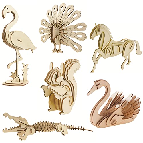 3D Wooden Wild Animal Puzzle - 6 Piece Set Wood Wild Animals Skeleton Assembly Model Kits - Wooden Crafts DIY Brain Teaser Puzzle - STEM Toys Gifts i-CHONY