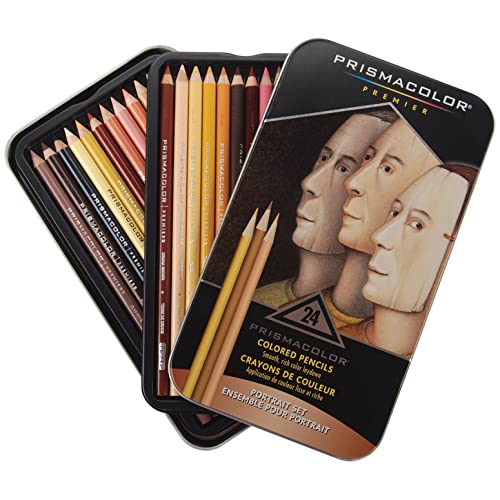 Prismacolor 2508R Premier Colored Pencil Portrait Tin, Set of 24 Assorted Colors with Case - WoodArtSupply