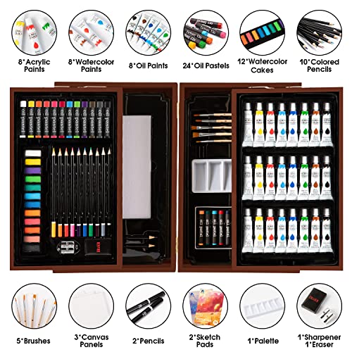 Art Supplies, Vigorfun Deluxe Wooden Art Set Crafts Drawing Painting Kit with 2 Sketch Pads, Oil Pastels, Acrylic, Watercolor Paints, Creative Gifts