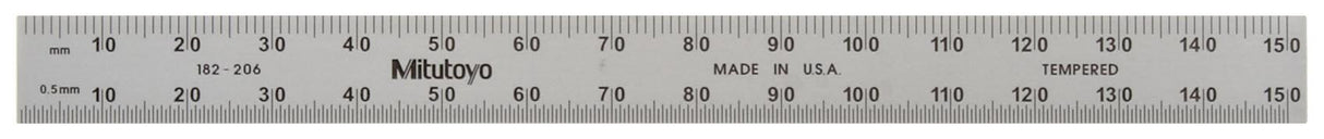 Mitutoyo 182-206, Steel Rule, 6"/150mm, (1/50", 1/100", 1mm, 1/2mm), 1/64" Thick X 1/2" Wide, Satin Chrome Finish Tempered Stainless Steel Mitutoyo