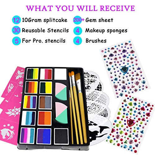 Bowitzki Professional Face Painting Kit For Kids Adults12 x 10gm Face Paint Set Stencil One Stroke Split Cakes Palette Non Toxic Rainbow Flora Bowitzki