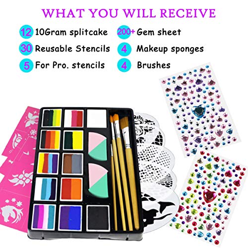 Bowitzki Professional Face Painting Kit For Kids Adults12 x 10gm Face Paint Set Stencil One Stroke Split Cakes Palette Non Toxic Rainbow Flora
