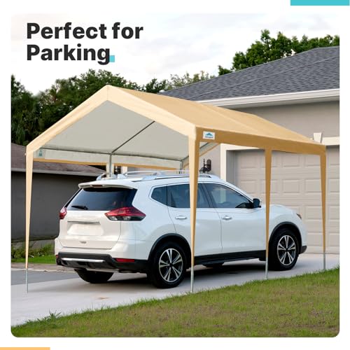 ADVANCE OUTDOOR 10x20 ft Steel Carport with Adjustable Height from 9.5 to 11 ft, Heavy Duty Car Canopy Garage Party Tent Boat Shelter Portable, Beige ADVANCE OUTDOOR