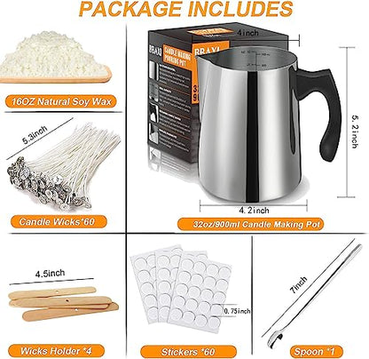 BBAXI Candle Making Kit, Including 32oz/900ml Candle Making Pouring Pot, 16oz Natural Soy Wax, 4Pcs Wooden Candle Wicks Holder, 60Pcs Candle Wicks,
