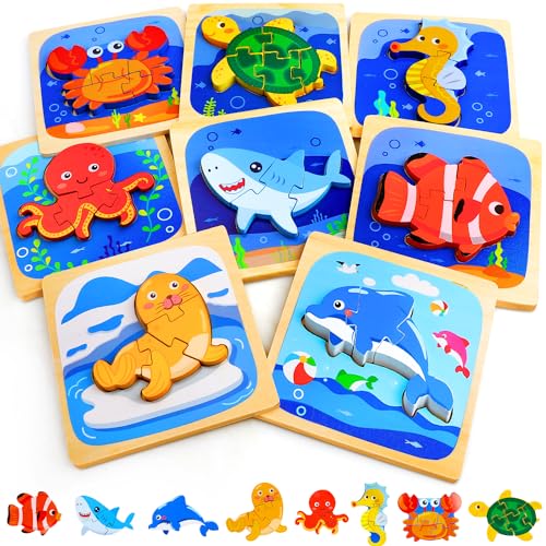 TOY Life Wooden Toddler Puzzle Gift Toys for 1 2 3 Years Old Boys Girls, 6 Pack Baby Puzzle for Kids Age 1-3, Sea Animal Shaped Montessori Toys STEM TOY Life