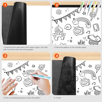 200 Sheets Carbon Paper Black Graphite Paper Transfer Tracing Paper and 5 Pieces Ball Embossing Styluses for DIY Woodworking, Paper, Canvas and Other