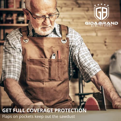 Woodworking Shop Aprons for Men and Women | 16 oz Durable Waxed Canvas Work Apron with Pockets | Cross-Back Straps | Adjustable Tool Apron Up To XXL GIDABRAND