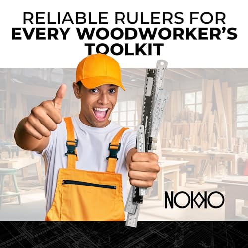 Nokko 4-Piece Woodworking Ruler Set - Woodworking Tools Bundle with 12 Inch Aluminum Slide Rule with Slide Stop, Plus 6", 12" & 16" Stainless Steel NOKKO