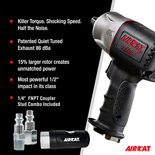AIRCAT Pneumatic Tools 1150 1/2-Inch Drive Killer Torque Composite Impact Wrench 1295 ft-lbs, with coupler set AIRCAT
