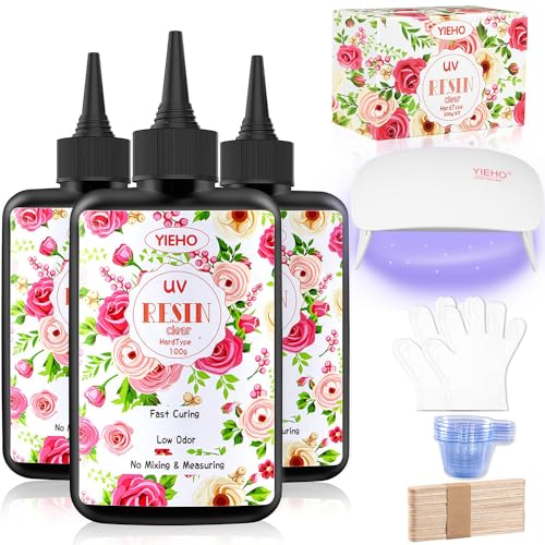 YIEHO 300g UV Resin Kit with Light-Upgraded Crystal Clear Hard UV Curing Premixed Epoxy Resin Starter Supplies for Art Craft Beginner Jewelry Making YIEHO