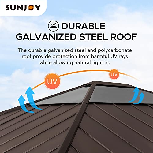 Sunjoy Hardtop Gazebo 13 x 15 ft. Standard Cedar Framed Wood Gazebo with Brown Steel and Polycarbonate Hip Roof Hardtop for Garden, Backyard Shade, Sunjoy