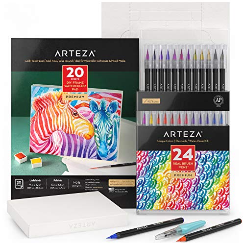 Arteza Watercolor Painting Art Set, Real Brush Pens 24 and Foldable Canvas Paper Bundle, DIY Kit Art Supplies for Artists & Hobby Painters ARTEZA
