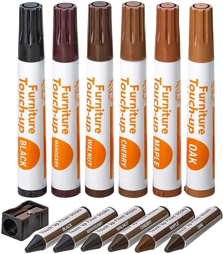 Katzco Furniture Repair Kit Wood Markers - Set of 13 - Markers and Wax Sticks with Sharpener - for Stains, Scratches, Floors, Tables, Desks, Katzco