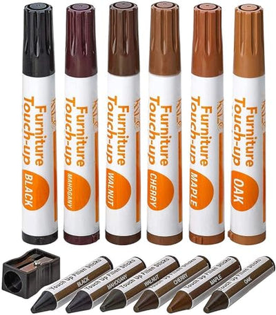 Katzco Furniture Repair Kit Wood Markers - Set of 13 - Markers and Wax Sticks with Sharpener - for Stains, Scratches, Floors, Tables, Desks,