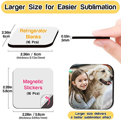 32 Pcs Sublimation Blank Refrigerator Magnets, 2.4 x2.4 Inch Sublimation Magnet Blanks Kit Including 16 Pcs Fridge Magnets and 16 Pcs MDF Sublimation